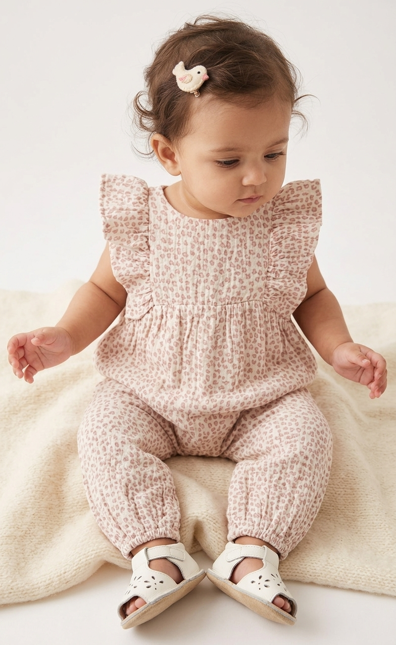 Baby Girls' Premium Dusky Rose Leopard Muslin Romper – Ruffle-Sleeve Organic Cotton Jumpsuit - Serromi