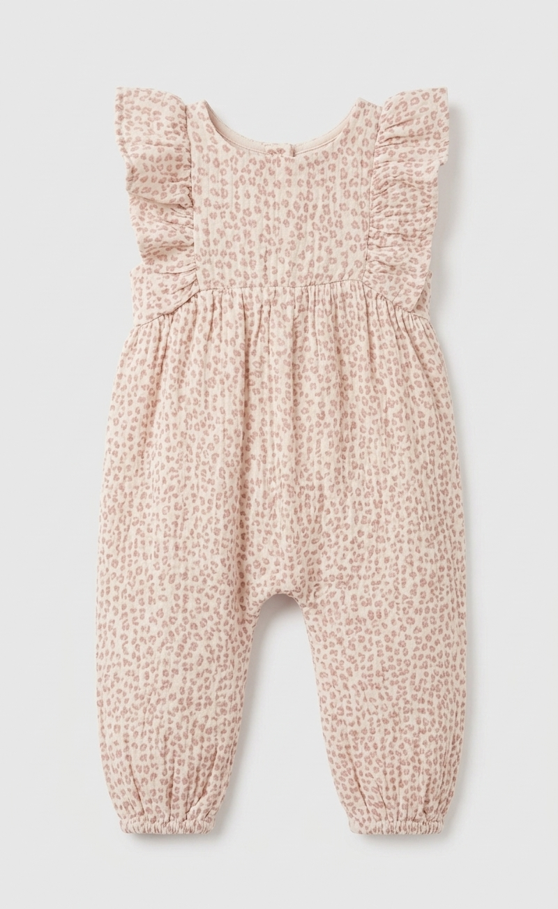 Baby Girls' Premium Dusky Rose Leopard Muslin Romper – Ruffle-Sleeve Organic Cotton Jumpsuit - Serromi
