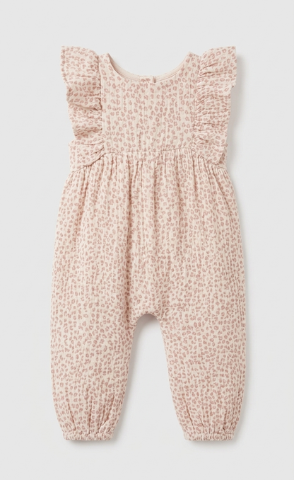 Baby Girls' Premium Dusky Rose Leopard Muslin Romper – Ruffle-Sleeve Organic Cotton Jumpsuit - Serromi