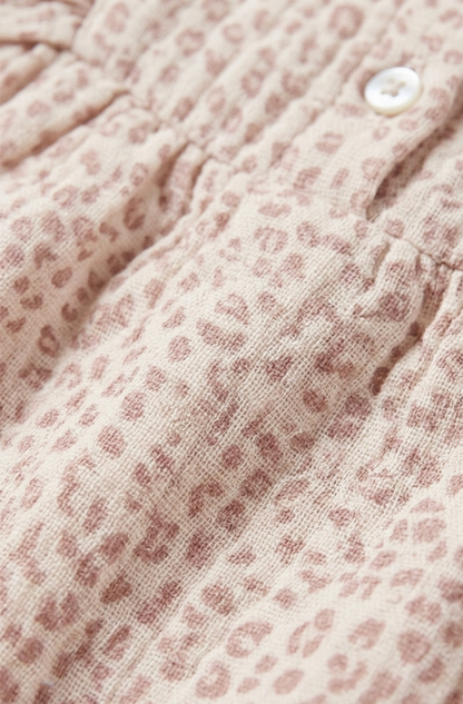 Baby Girls' Premium Dusky Rose Leopard Muslin Romper – Ruffle-Sleeve Organic Cotton Jumpsuit