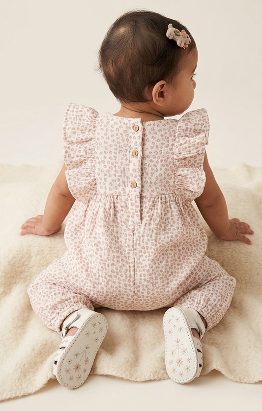 Baby Girls' Premium Dusky Rose Leopard Muslin Romper – Ruffle-Sleeve Organic Cotton Jumpsuit - Serromi