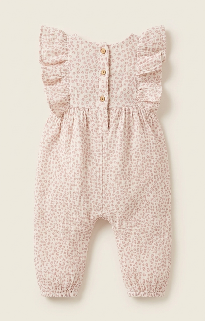 Baby Girls' Premium Dusky Rose Leopard Muslin Romper – Ruffle-Sleeve Organic Cotton Jumpsuit - Serromi