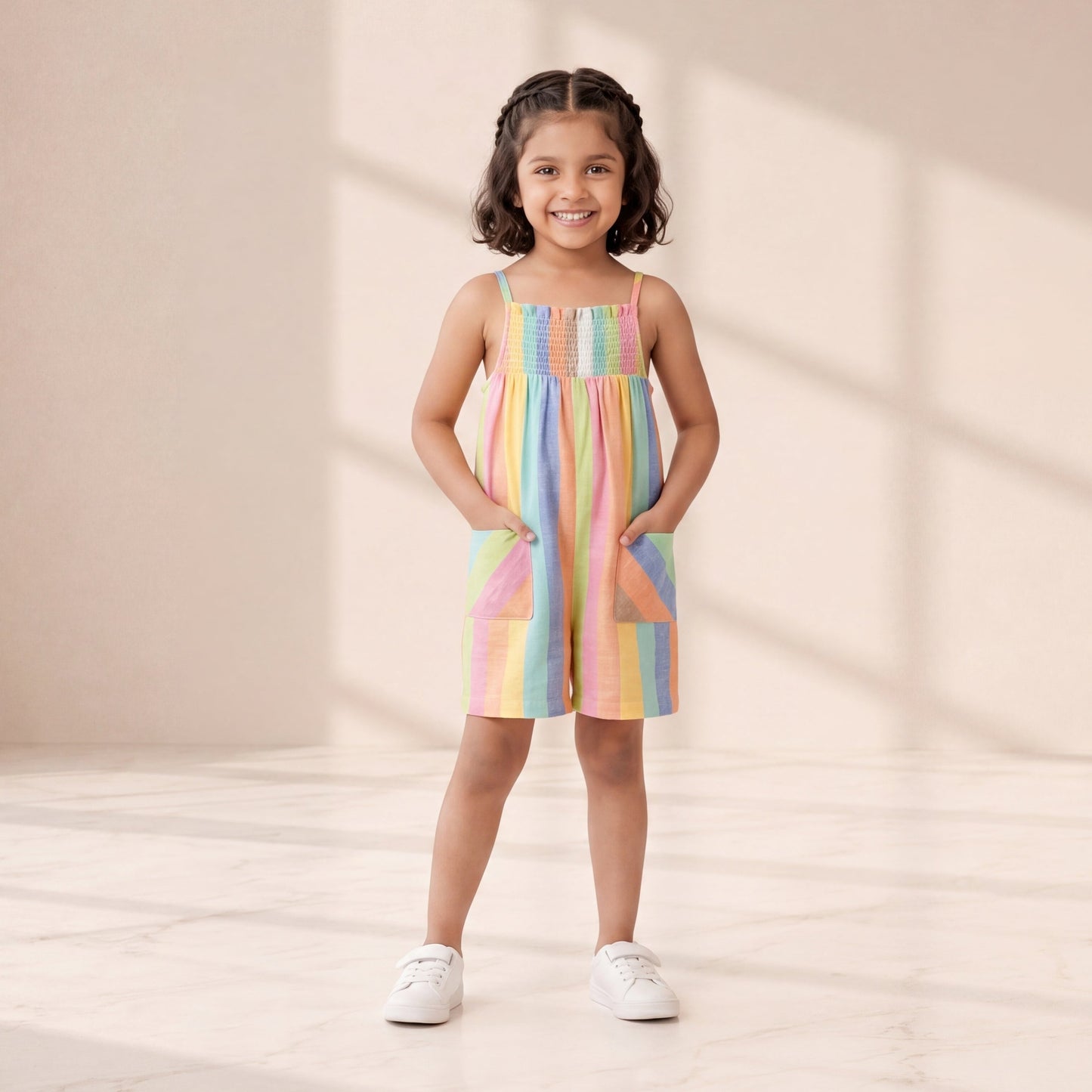 Young girl wearing a colorful dress standing in a softly lit room.