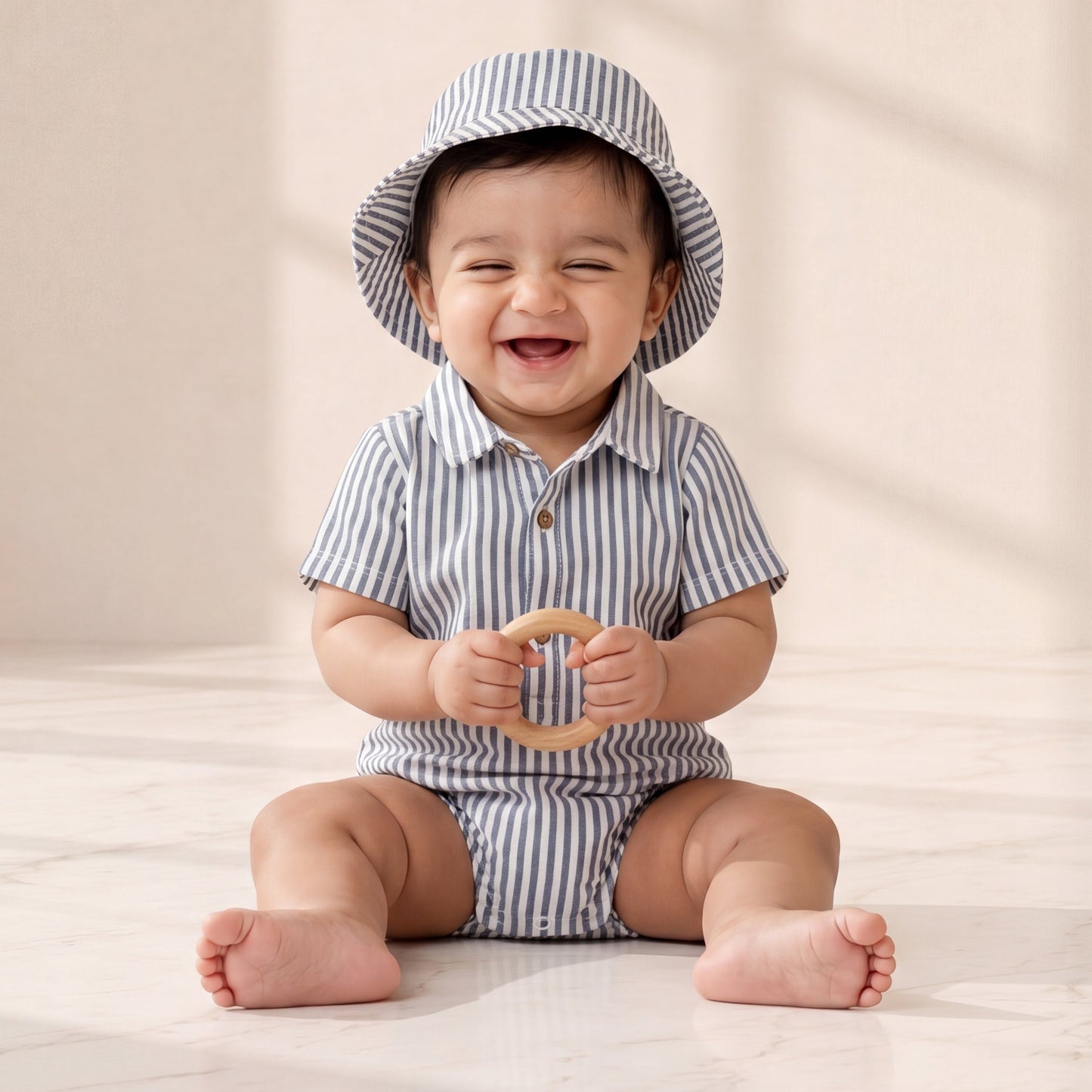 Nautical Pinstripe Baby boys Romper & Bucket Hat