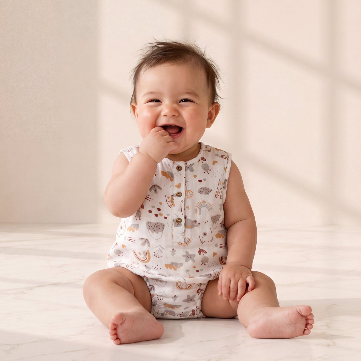 Baby sitting on a light surface wearing a patterned onesie with a neutral background