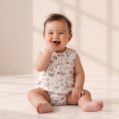 Baby sitting on a light surface wearing a patterned onesie with a neutral background