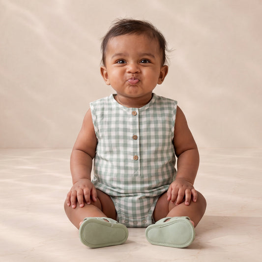 Baby sitting on a beige surface wearing a green checkered outfit with matching shoes.