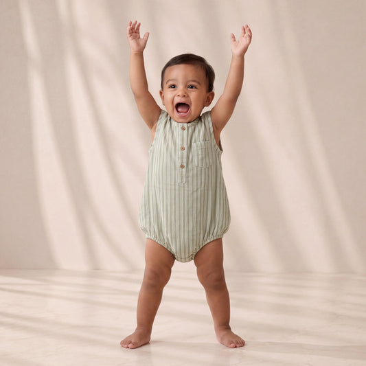 Child wearing a green striped romper with arms raised against a beige background