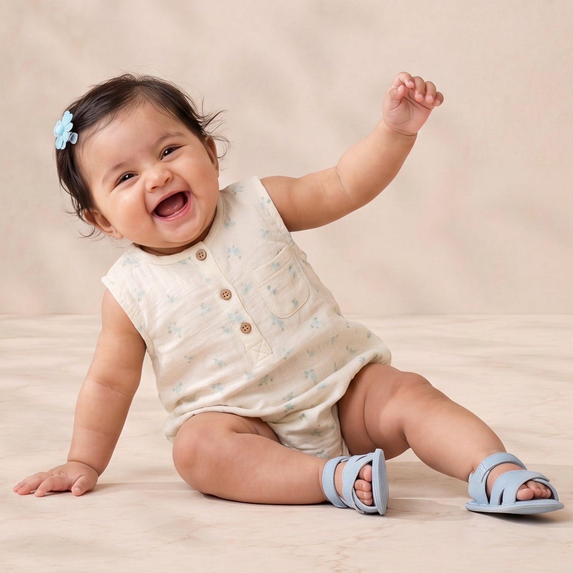 Baby sitting on a beige surface with a plain background