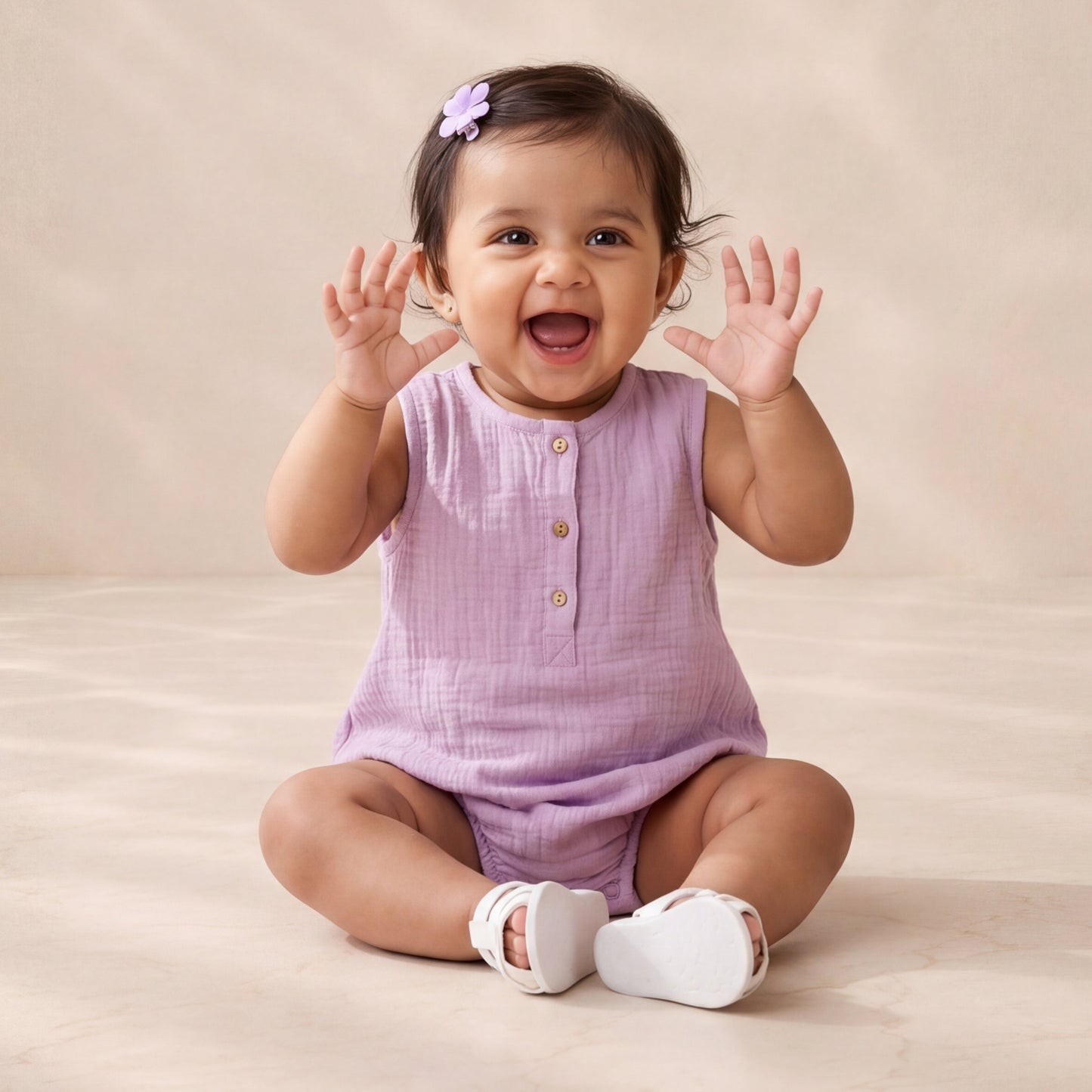 Baby in a purple outfit sitting on a beige surface with a plain background