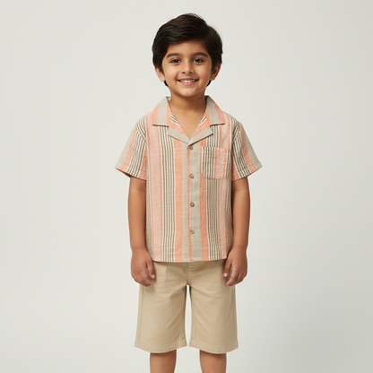 Boys' Premium Terracotta & Sage Striped Resort Shirt – Luxury Cotton-Linen Blend Cuban Collar Button-Down