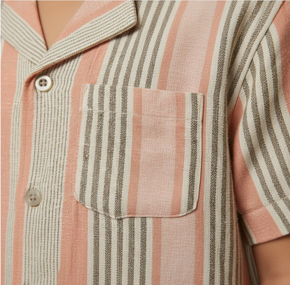 Boys' Premium Terracotta & Sage Striped Resort Shirt – Luxury Cotton-Linen Blend Cuban Collar Button-Down