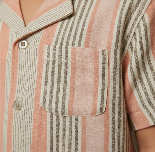 Boys' Premium Terracotta & Sage Striped Resort Shirt – Luxury Cotton-Linen Blend Cuban Collar Button-Down