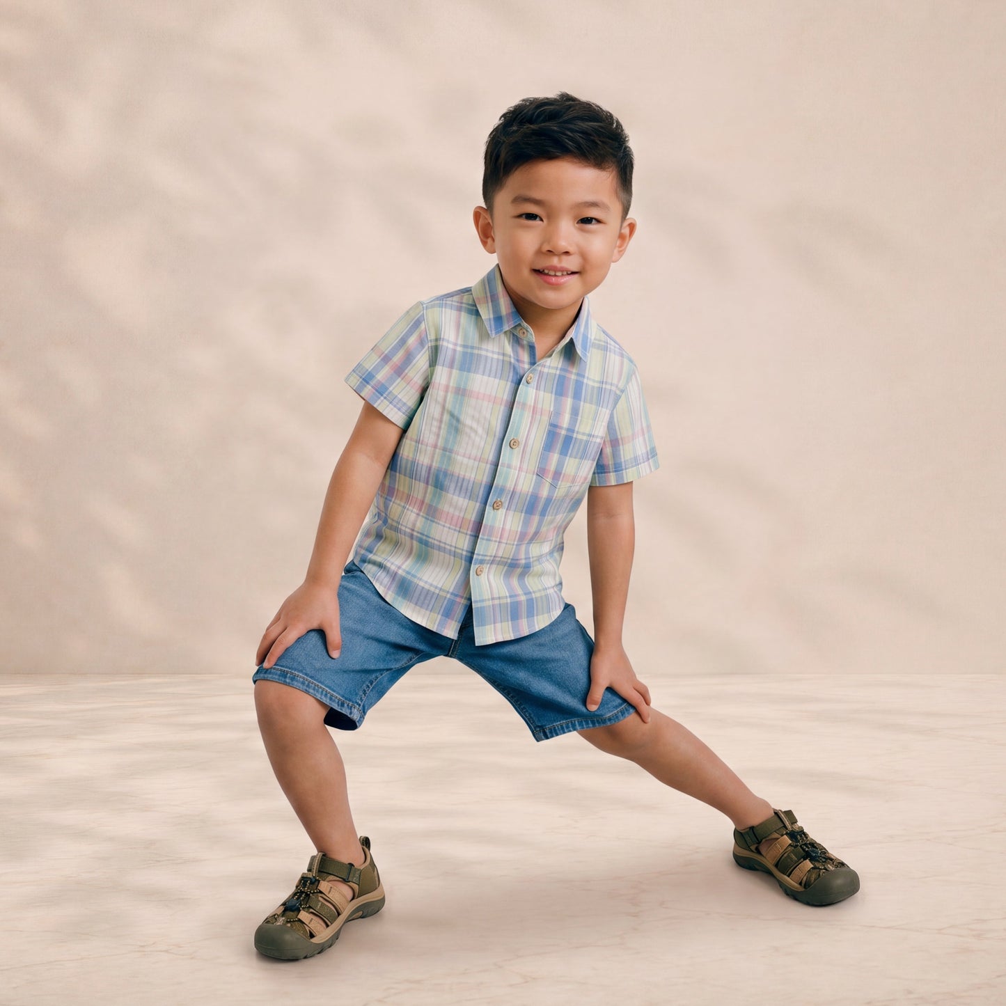 Young boy wearing a plaid shirt and denim shorts on a beige background