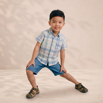Young boy wearing a plaid shirt and denim shorts on a beige background
