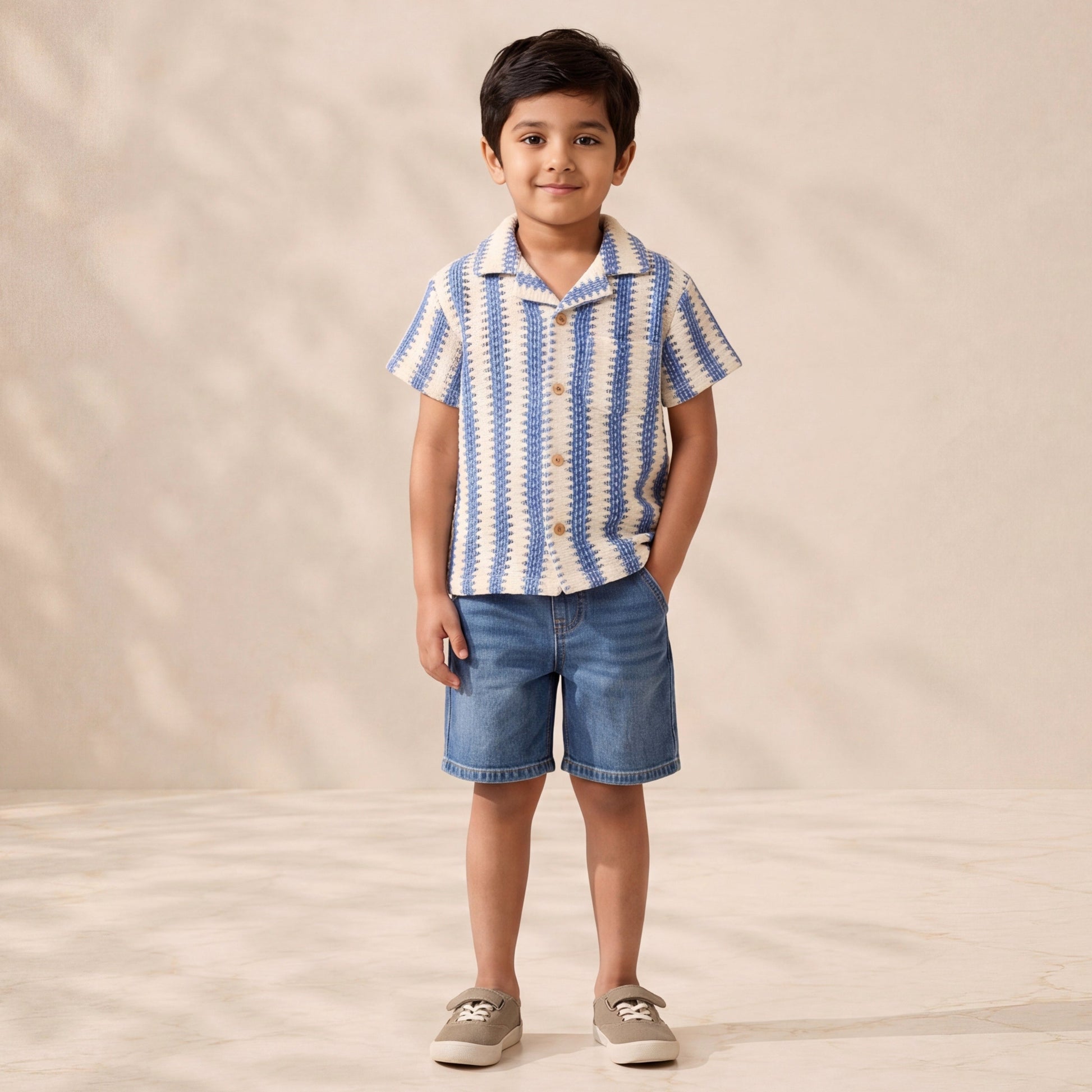 Child wearing a blue and white striped shirt and denim shorts on a beige background