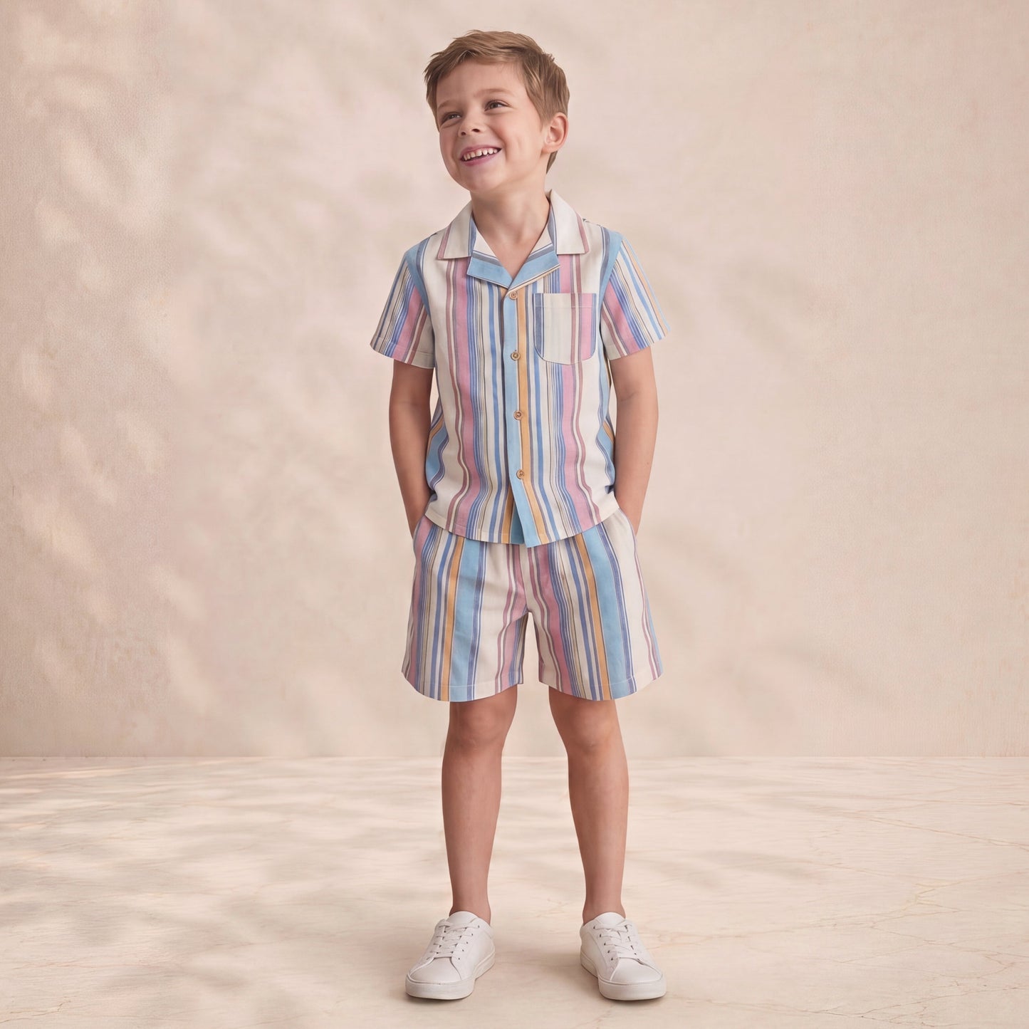 Multi Pastel Striped Cotton Shirt-Shorts Set