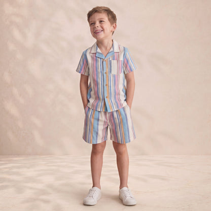 Multi Pastel Striped Cotton Shirt-Shorts Set