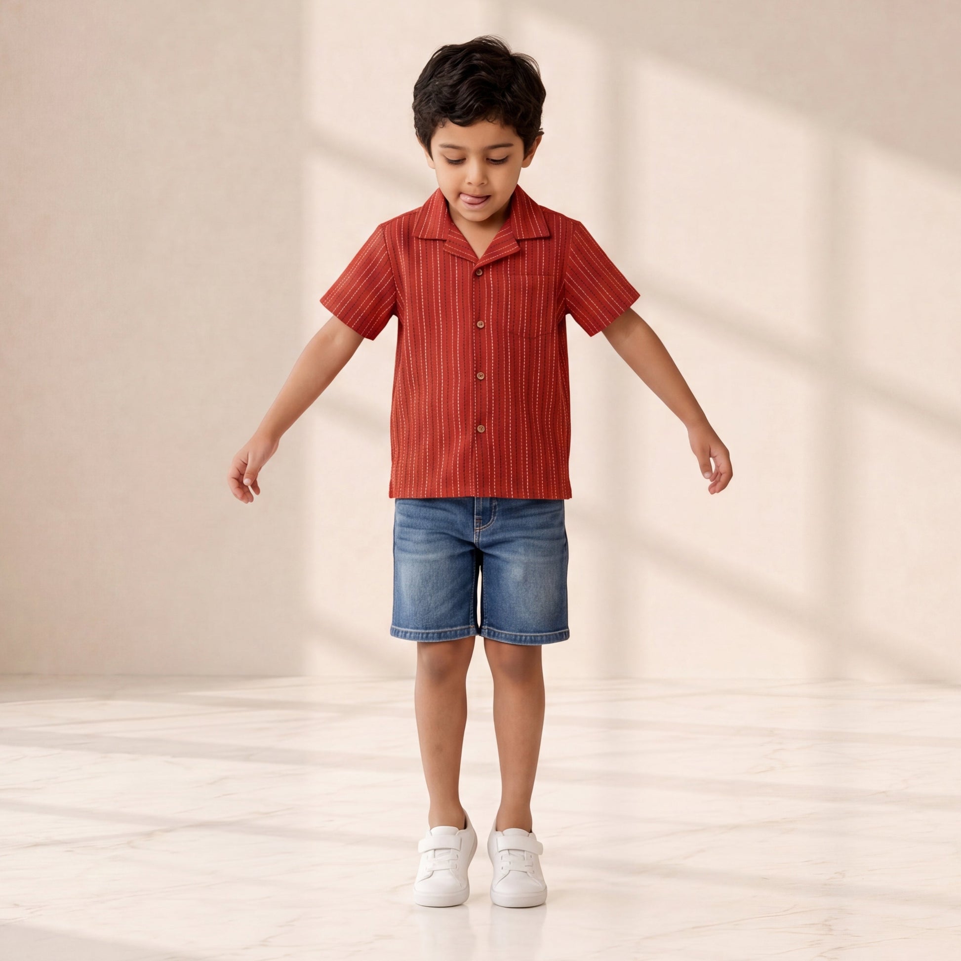 Child wearing a red striped shirt and blue shorts standing on a light wooden floor with a neutral background