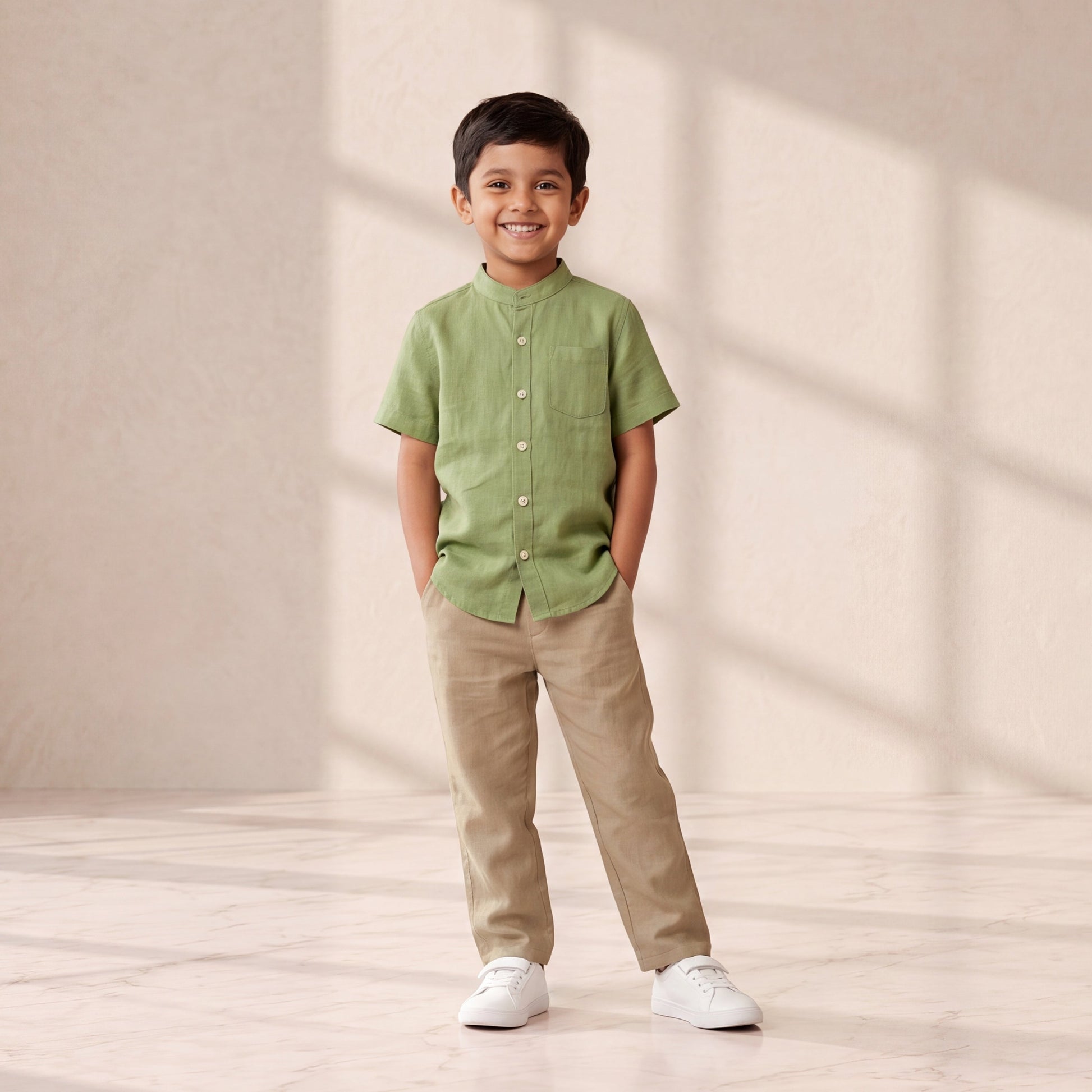 Child wearing a green shirt and beige pants standing in a softly lit room.