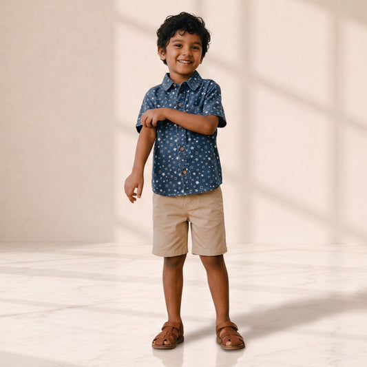 Child wearing a blue patterned shirt and beige shorts standing on a light background