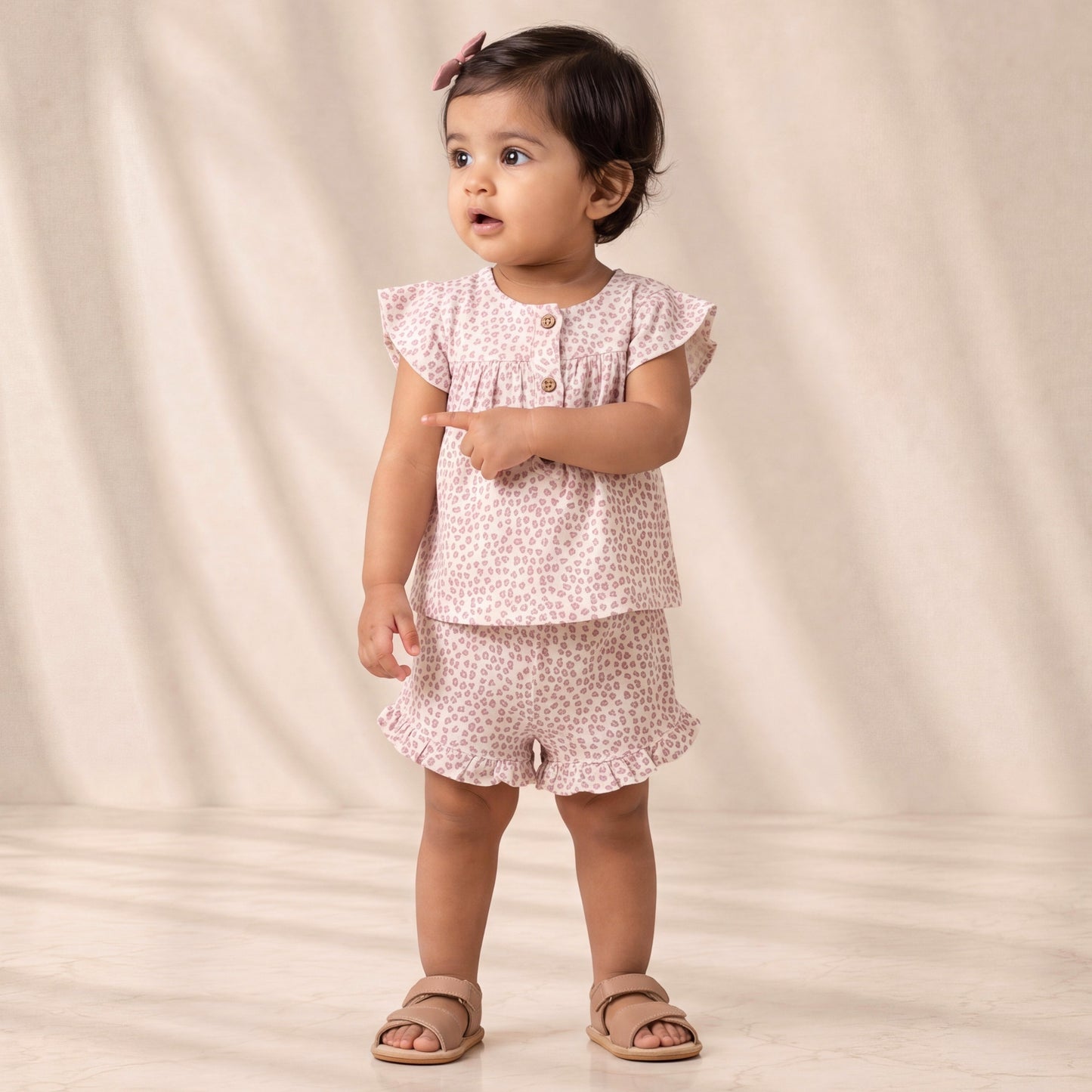 Young child wearing a pink floral outfit standing against a plain background