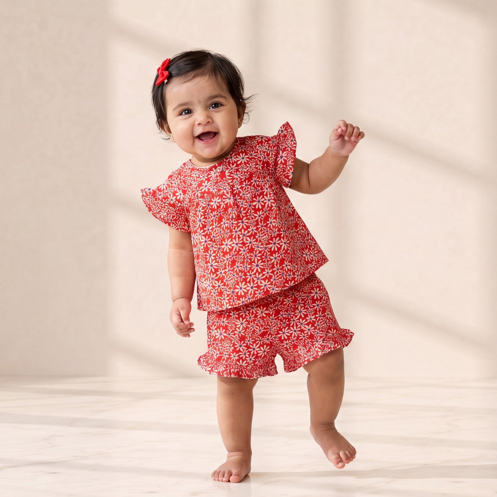 Baby in a red floral outfit standing on a light background