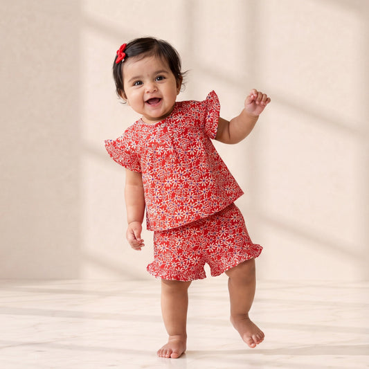 Baby in a red floral outfit standing on a light background