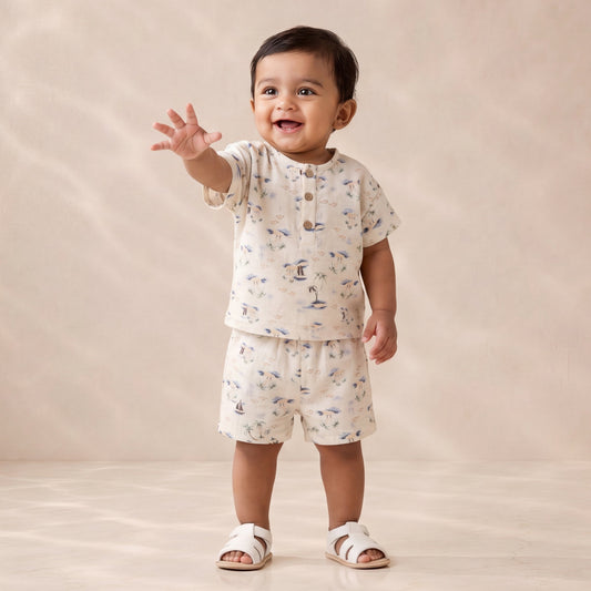 Child wearing a patterned outfit on a plain background