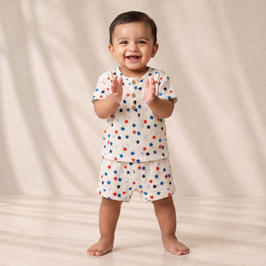 Child wearing a white outfit with colorful star patterns on a beige background