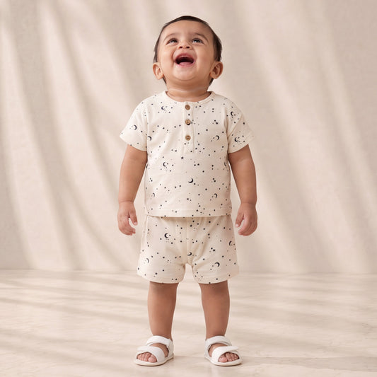 Child wearing a white outfit with small patterns on a plain background
