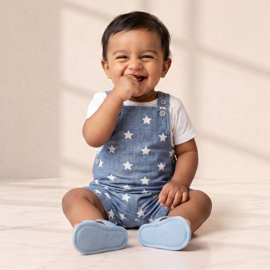 Baby wearing a denim overalls with white star pattern on a light background
