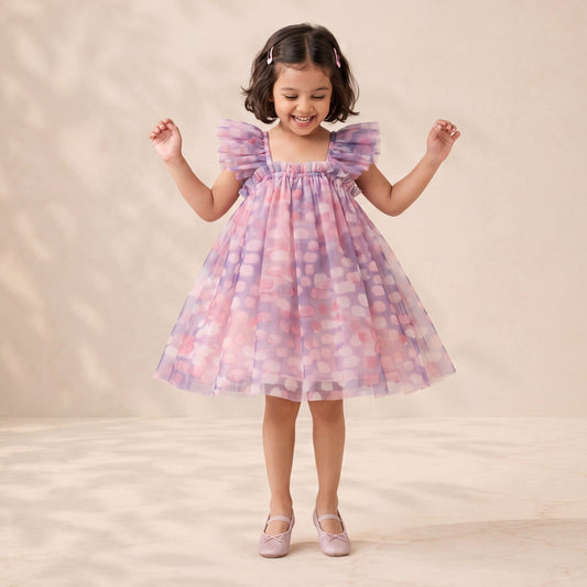 Young girl in a colorful dress standing on a beige background