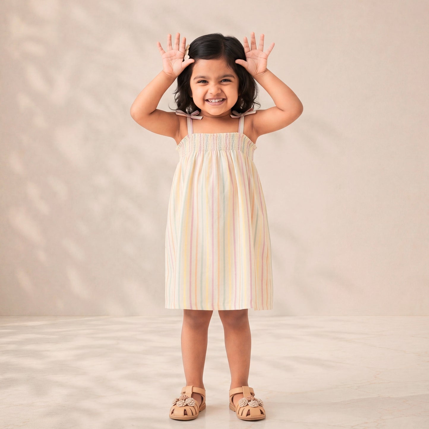 Young girl in a striped dress standing against a plain background