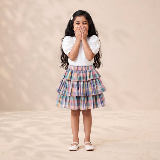 Young girl in a plaid skirt and white top standing against a beige background
