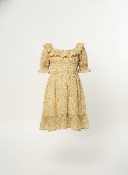 Girls' Premium Honey-Gold Floral Smocked Dress – Ruffle Trim Bohemian Party Dress in Soft Chiffon
