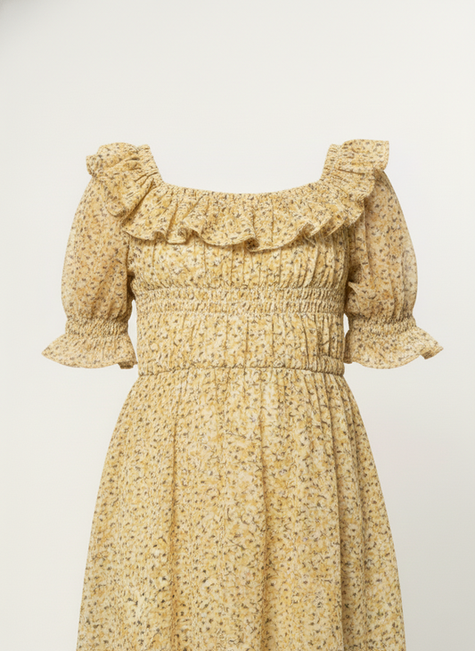 Girls' Premium Honey-Gold Floral Smocked Dress – Ruffle Trim Bohemian Party Dress in Soft Chiffon