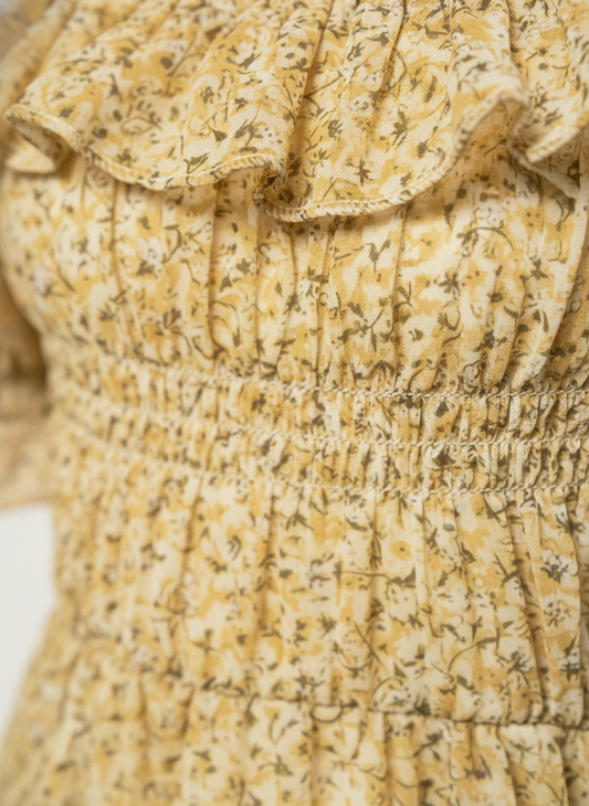 Girls' Premium Honey-Gold Floral Smocked Dress – Ruffle Trim Bohemian Party Dress in Soft Chiffon