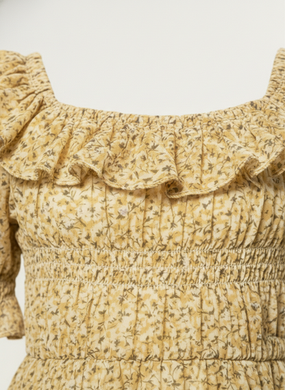 Girls' Premium Honey-Gold Floral Smocked Dress – Ruffle Trim Bohemian Party Dress in Soft Chiffon